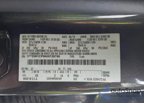 2019 Ford F-150 Xl из США, поврежденный, VIN 1FTEW1CP8KKF28766